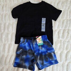 18 Month Garanimals Solid Black Shirt &  Blue / Gray Shorts / Swim Trunks (NWT)